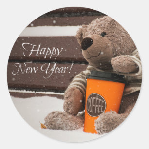 Guten Rutsch ins Neue Jahr. Teddybär-Bär Runder Aufkleber