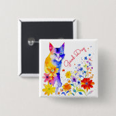 Guten Tag | Wasserfarbkatze und Blume Button (Vorne & Hinten)