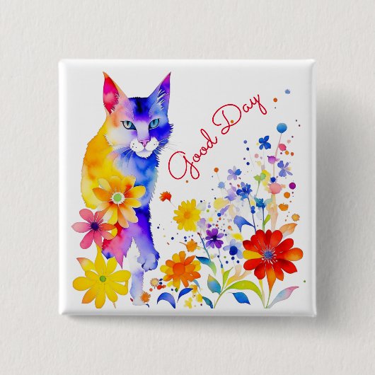 Guten Tag | Wasserfarbkatze und Blume Button (Vorderseite)