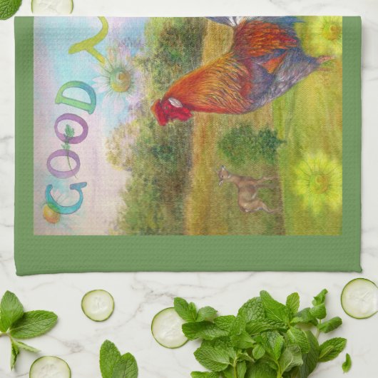 Gutenmorgen-Hahn an der Scheune Geschirrtuch (Gefaltet)