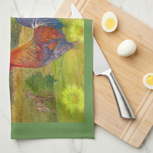 Gutenmorgen-Hahn an der Scheune Geschirrtuch (Viertel Falte)