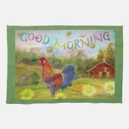 Gutenmorgen-Hahn an der Scheune Geschirrtuch (Horizontal)