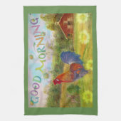 Gutenmorgen-Hahn an der Scheune Geschirrtuch (Vertikal)