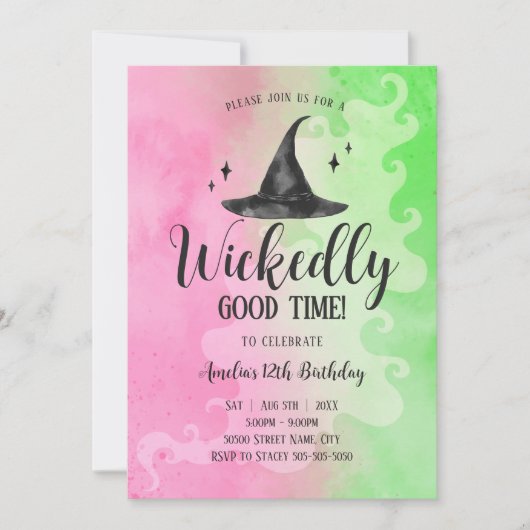 Guter Geburtstag, rosa grüner Hexenhut Einladung (Vorderseite)
