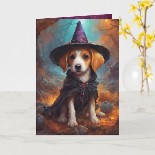 Guter Hexenwelpen, Niedlicher Halloween-Hund Gruß Karte (Gelbe Blume)