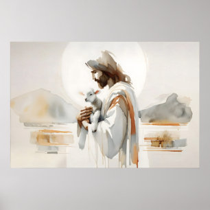 Guter Hirte Kinderzimmer Druck, Jesus Lamm Aquarel Poster