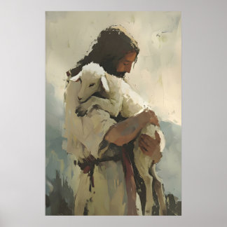 Guter Hirte Kunstprint Jesus hält Lamm, erdige Tön Poster