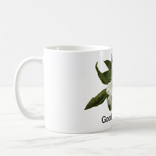 "GUTER MORGEN" MIT SCHÖNER WEISSER BLUME KAFFEETASSE (Links)