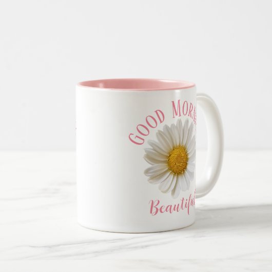 Guter Morgen rosa Text weiß Daisy Zweifarbige Tasse (VorderseiteRechts)