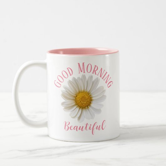 Guter Morgen rosa Text weiß Daisy Zweifarbige Tasse (Links)
