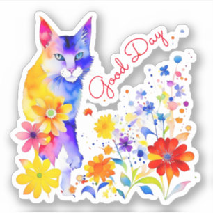 Guter Tag   Wasserfarben-Katze und Blumen  Aufkleber