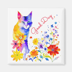 Guter Tag   Wasserfarben-Katze und Blumen  Magnet