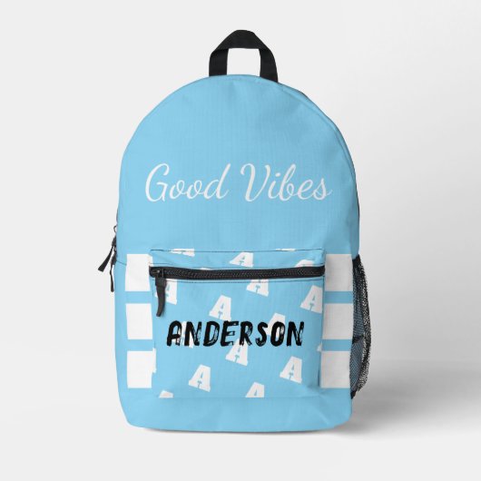Gutes Vibes Monogramm mit dem Namen Blau Bedruckter Rucksack (Vorderseite)