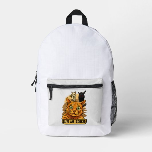 Guys Am I Cooked? Funny Cat Meme Panic Reaction Bedruckter Rucksack (Vorderseite)