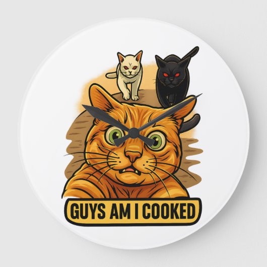 Guys Am I Cooked? Funny Cat Meme Panic Reaction Große Wanduhr (Vorderseite)