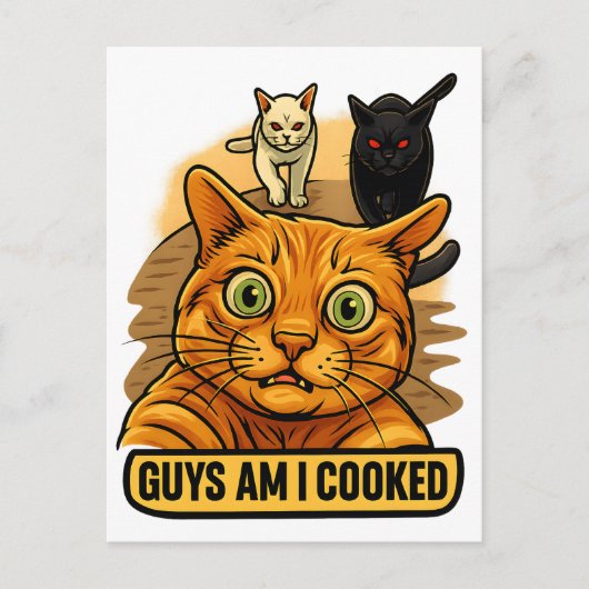 Guys Am I Cooked? Funny Cat Meme Panic Reaction Postkarte (Vorderseite)