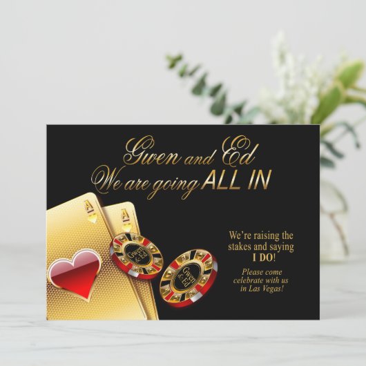 Gwen ALL IN Casino Wedding FRAGE 4 NAMEN IN CHIPS Einladung (Stehend Vorderseite)