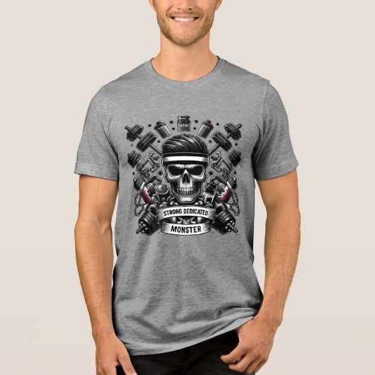 Gym Monster Skull Bodybuilding Motivation Art Tri-Blend Shirt (Vorderseite)