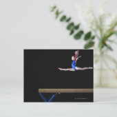 Gymnast (9-10) leaping on balance beam 2 postkarte (Stehend Vorderseite)