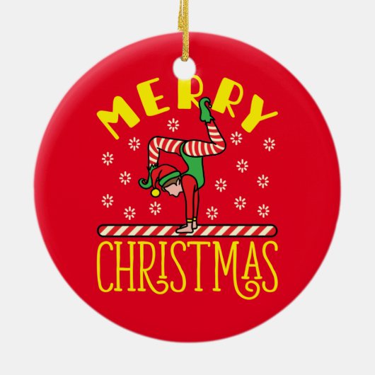 Gymnast Elf über Beam Gymnastik Weihnachten Keramik Ornament (Hinten)