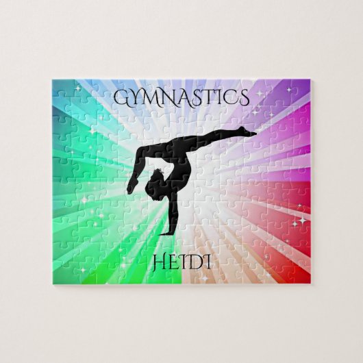 "GYMNASTICS" beleuchtet Rätsel mit Gymnast. Puzzle (Horizontal)