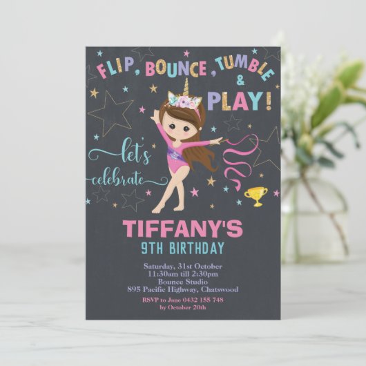 Gymnastics Birthday Unicorn Girl Gymnastics Party Einladung (Stehend Vorderseite)