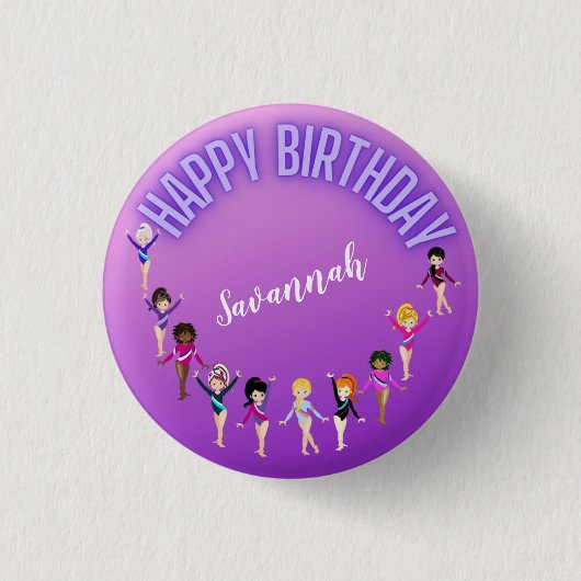 Gymnastics Friends "Happy Birthday" Lila Ombre Button (Vorderseite)