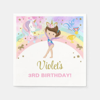 Gymnastics girl & unicorn birthday paper napkins. serviette