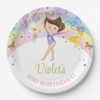 Gymnastics girl & Unicorn birthday paper plates. Pappteller