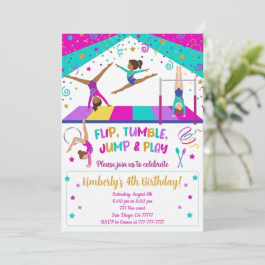 Gymnastics Pink Purple Turquoise Girl Birthday Einladung (Stehend Vorderseite)