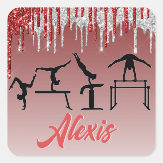 Gymnastics Red and Silver Glitter Drip Ombre     Quadratischer Aufkleber (Vorderseite)