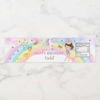 Gymnastics & Unicorn girl birthday bottle label. Wasserflaschenetikett