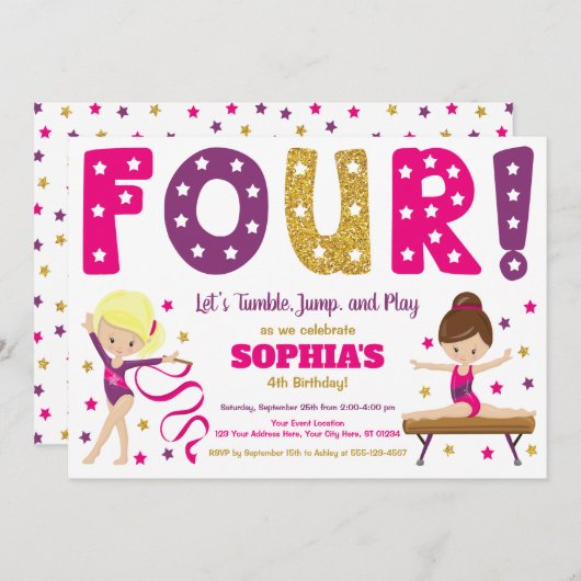 Gymnastik 4. Geburtstag Einladung | Heiß rosa (Vorne/Hinten)