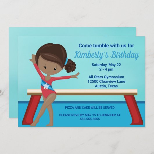 Gymnastik Afrikanische Amerikanermädchen Geburtsta Einladung (Vorne/Hinten)