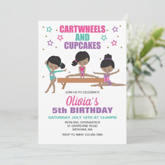 Gymnastik Cartwheels and Cupcakes Birthday Invita Einladung (Stehend Vorderseite)