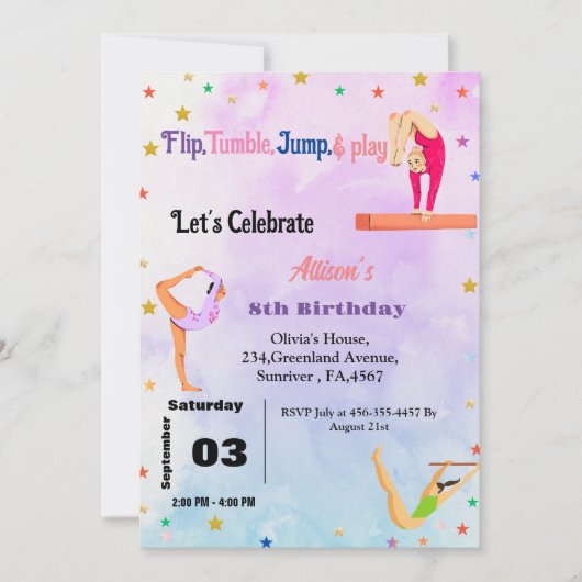 Gymnastik Cartwheels Geburtstagsparty Einladung (Vorderseite)