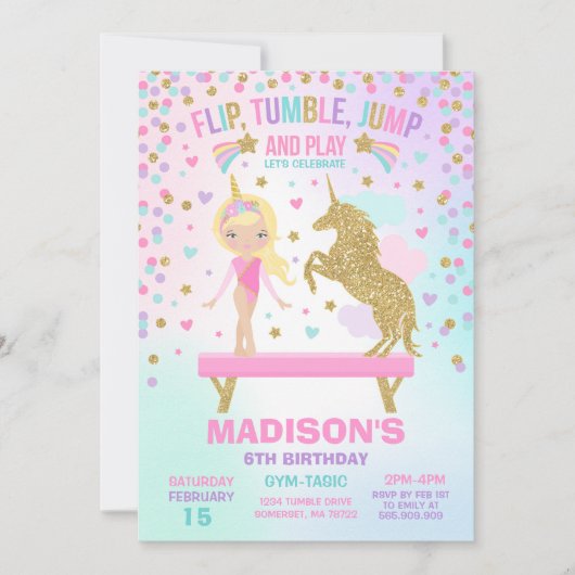 Gymnastik Einladung Unicorn Gymnastik Party (Vorderseite)