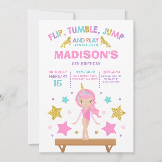 Gymnastik Einladung Unicorn Gymnastik Party (Vorderseite)