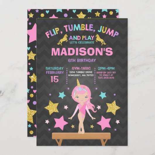 Gymnastik Einladung Unicorn Gymnastik Party (Vorne/Hinten)