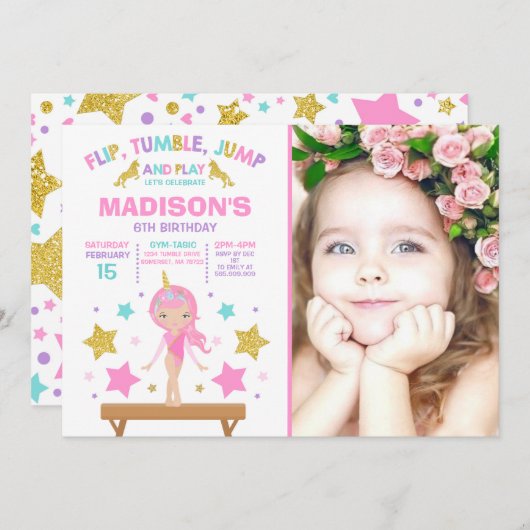 Gymnastik Einladung Unicorn Gymnastik Party (Vorne/Hinten)