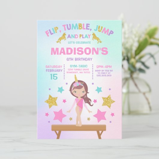 Gymnastik Einladung Unicorn Gymnastik Party (Stehend Vorderseite)