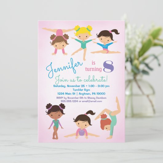 Gymnastik - Einladung zum Geburtstag - Mädchen Ros (Stehend Vorderseite)
