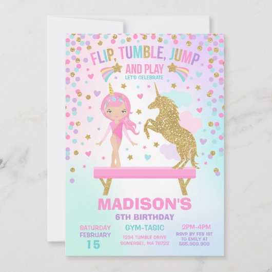 Gymnastik-Einladungunicorn-Gymnastik-Party Einladung (Vorderseite)