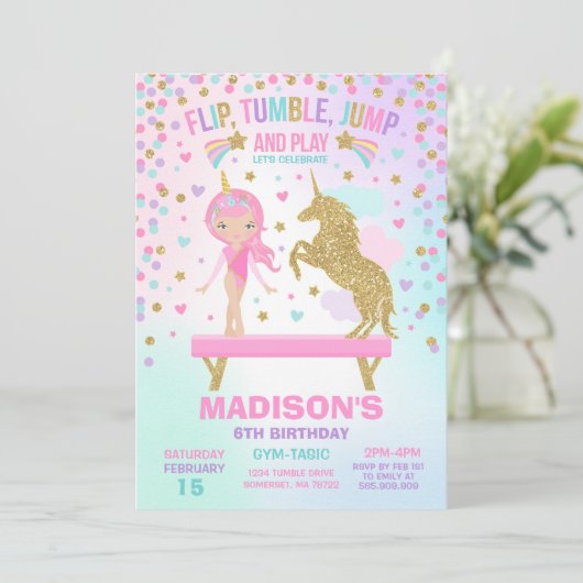 Gymnastik-Einladungunicorn-Gymnastik-Party Einladung (Stehend Vorderseite)