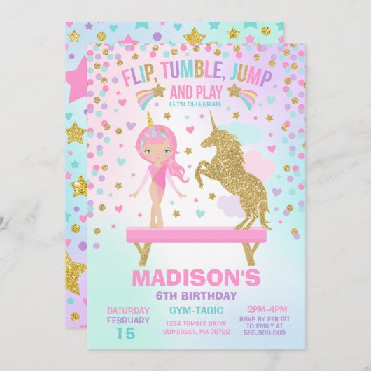 Gymnastik-Einladungunicorn-Gymnastik-Party Einladung (Vorne/Hinten)