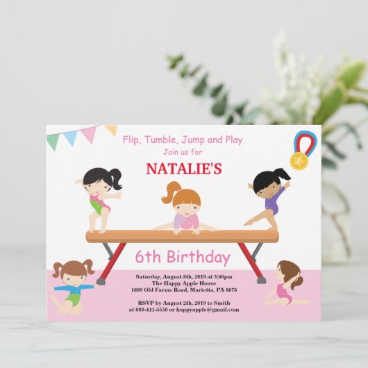 Gymnastik Geburtstag Einladung Pink Gym Party (Stehend Vorderseite)