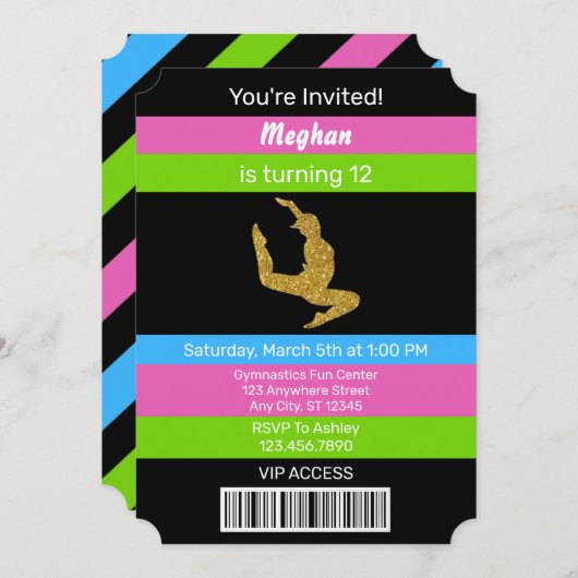 Gymnastik Geburtstag Gold Glitzer Einladung (Vorne/Hinten)