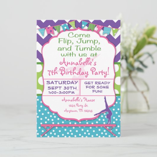 Gymnastik-Geburtstags-Party Einladung (Stehend Vorderseite)