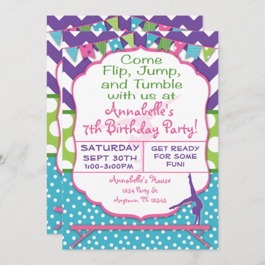 Gymnastik-Geburtstags-Party Einladung (Vorne/Hinten)