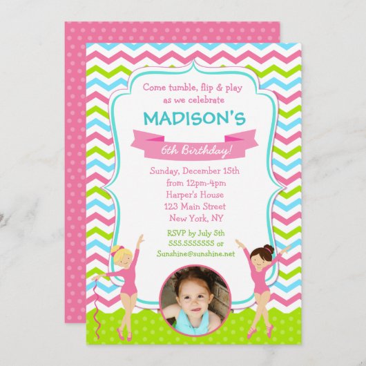 Gymnastik-Geburtstags-Party Einladungen (Vorne/Hinten)